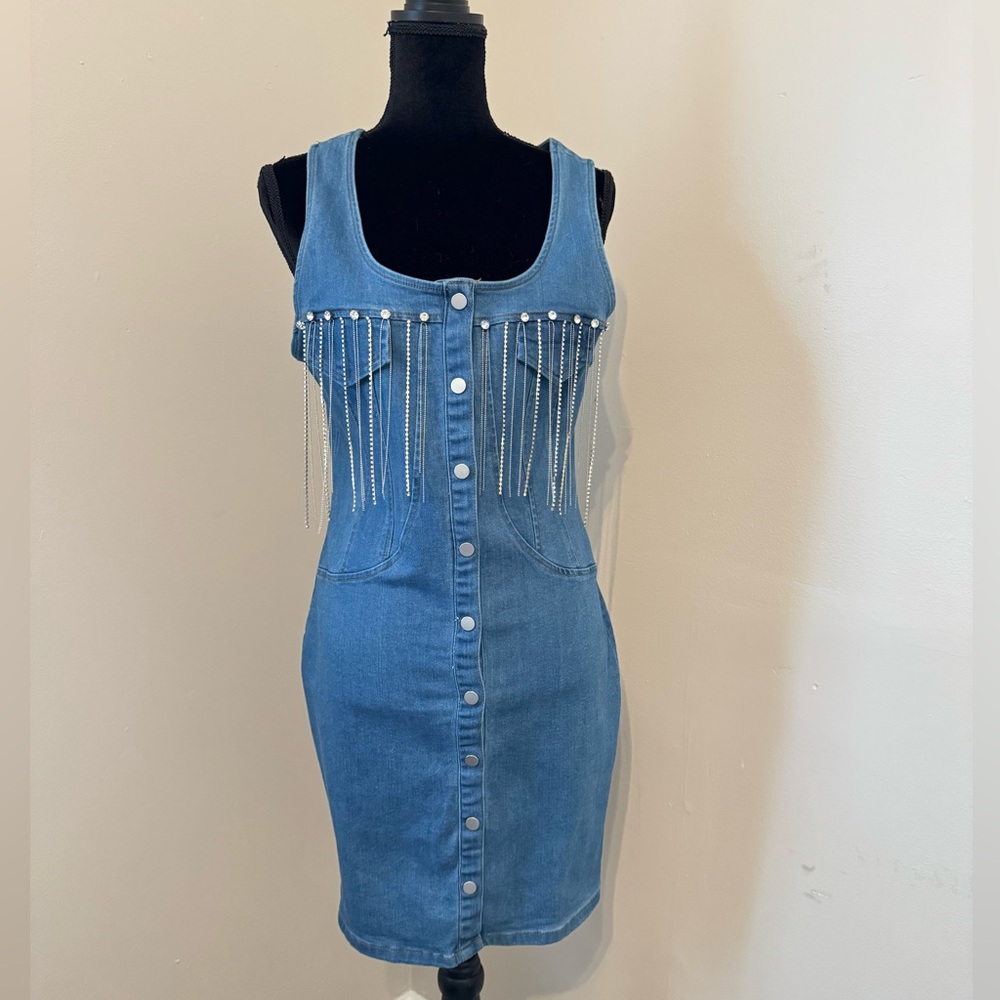 Haute Monde Denim Blue Rhinestone Dress Size Large